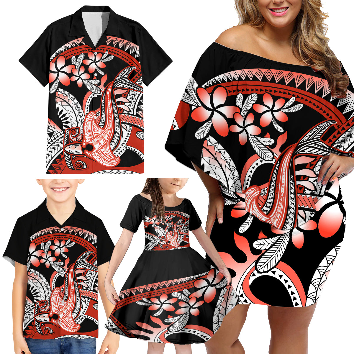 Red Polynesian Family Matching Off Shoulder Short Dress and Hawaiian Shirt Hammerhead Shark Tattoo Royal Plumeria Gradient Vibes LT14 - Polynesian Pride