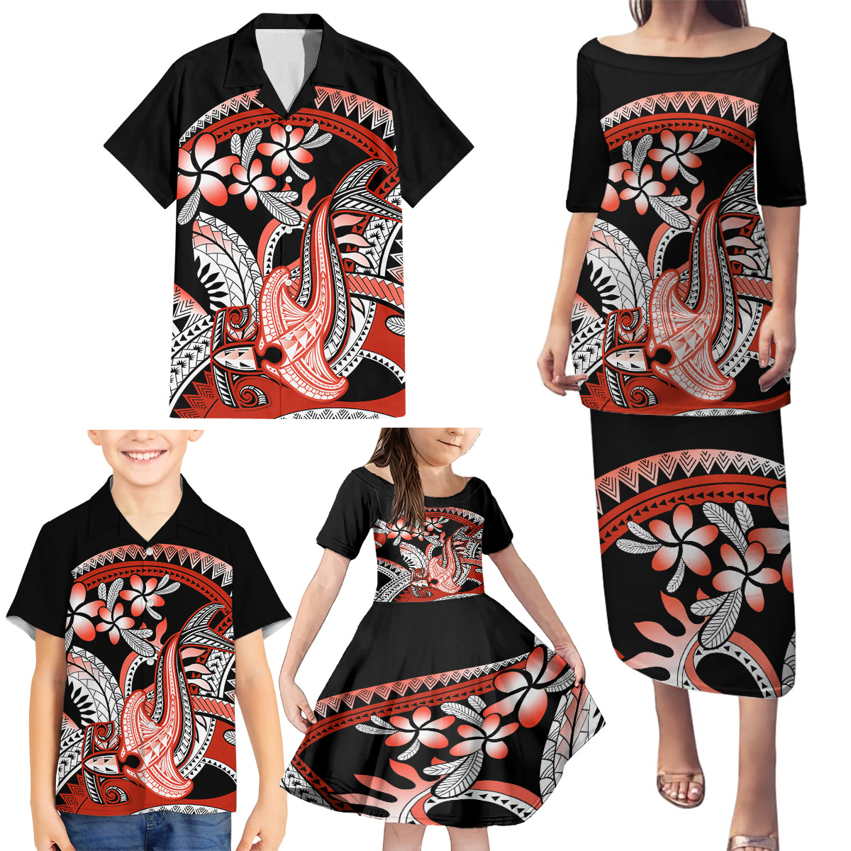 Red Polynesian Family Matching Puletasi and Hawaiian Shirt Hammerhead Shark Tattoo Royal Plumeria Gradient Vibes LT14 - Polynesian Pride