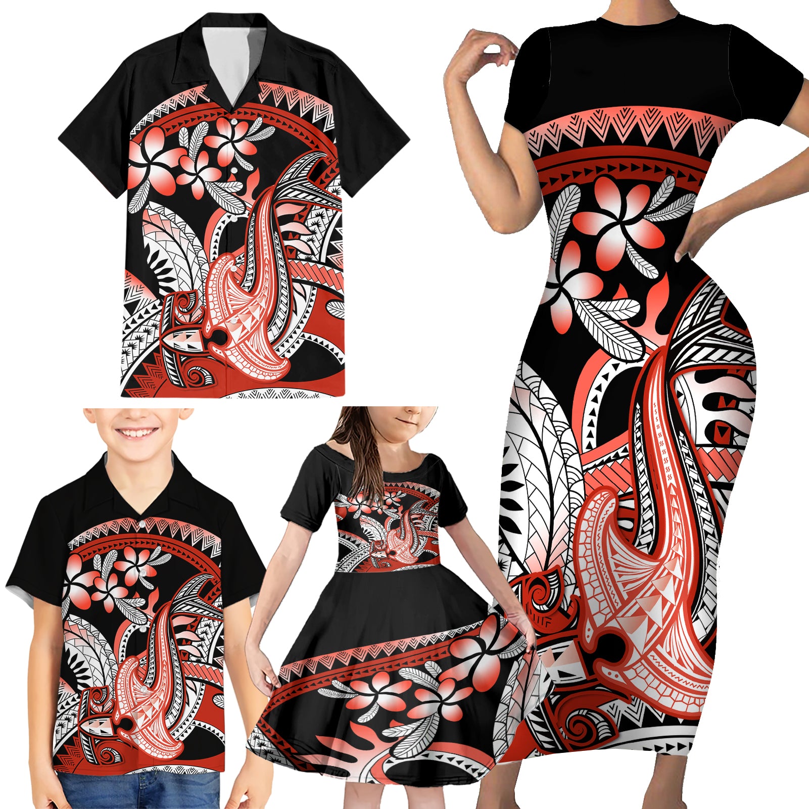 Red Polynesian Family Matching Short Sleeve Bodycon Dress and Hawaiian Shirt Hammerhead Shark Tattoo Royal Plumeria Gradient Vibes LT14 - Polynesian Pride