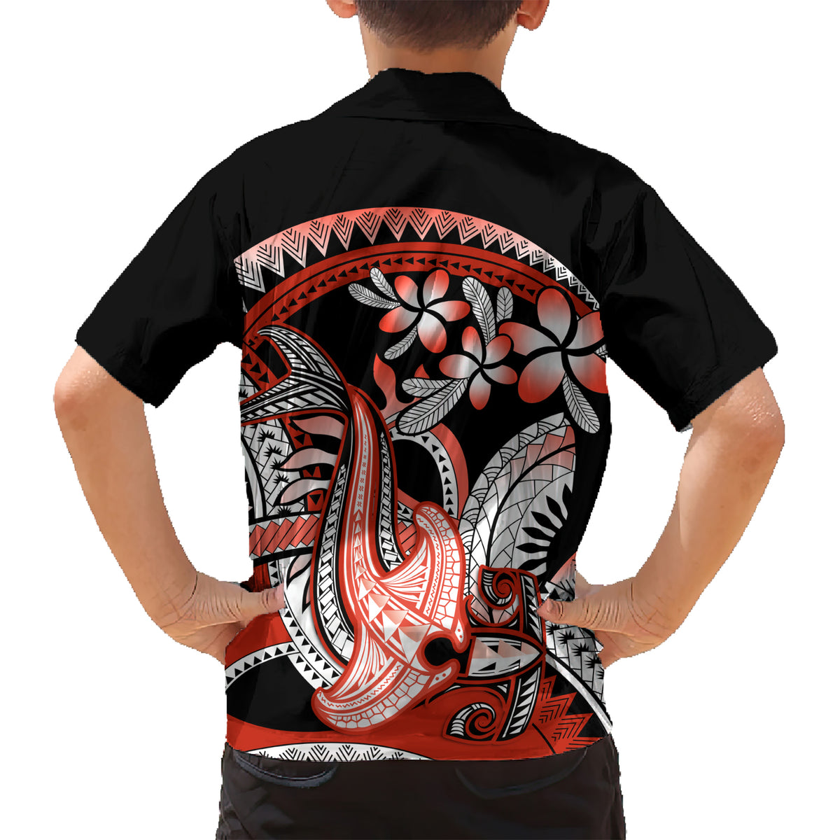 Red Polynesian Kid Hawaiian Shirt Hammerhead Shark Tattoo Royal Plumeria Gradient Vibes LT14 - Polynesian Pride