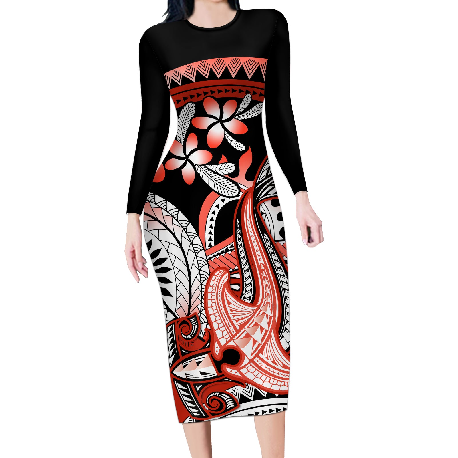 Red Polynesian Long Sleeve Bodycon Dress Hammerhead Shark Tattoo Royal Plumeria Gradient Vibes LT14 Long Dress Red - Polynesian Pride