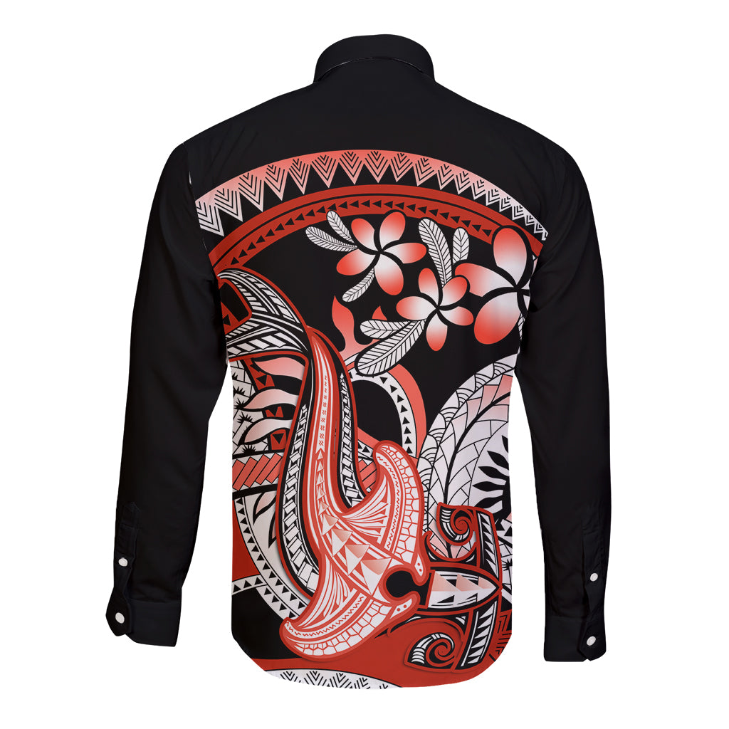 Red Polynesian Long Sleeve Button Shirt Hammerhead Shark Tattoo Royal Plumeria Gradient Vibes LT14 - Polynesian Pride