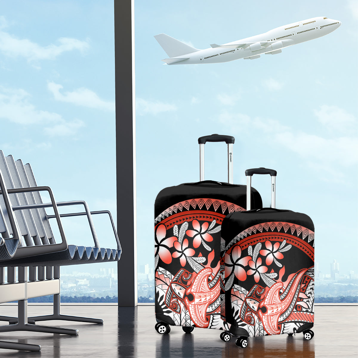 Red Polynesian Luggage Cover Hammerhead Shark Tattoo Royal Plumeria Gradient Vibes LT14 - Polynesian Pride