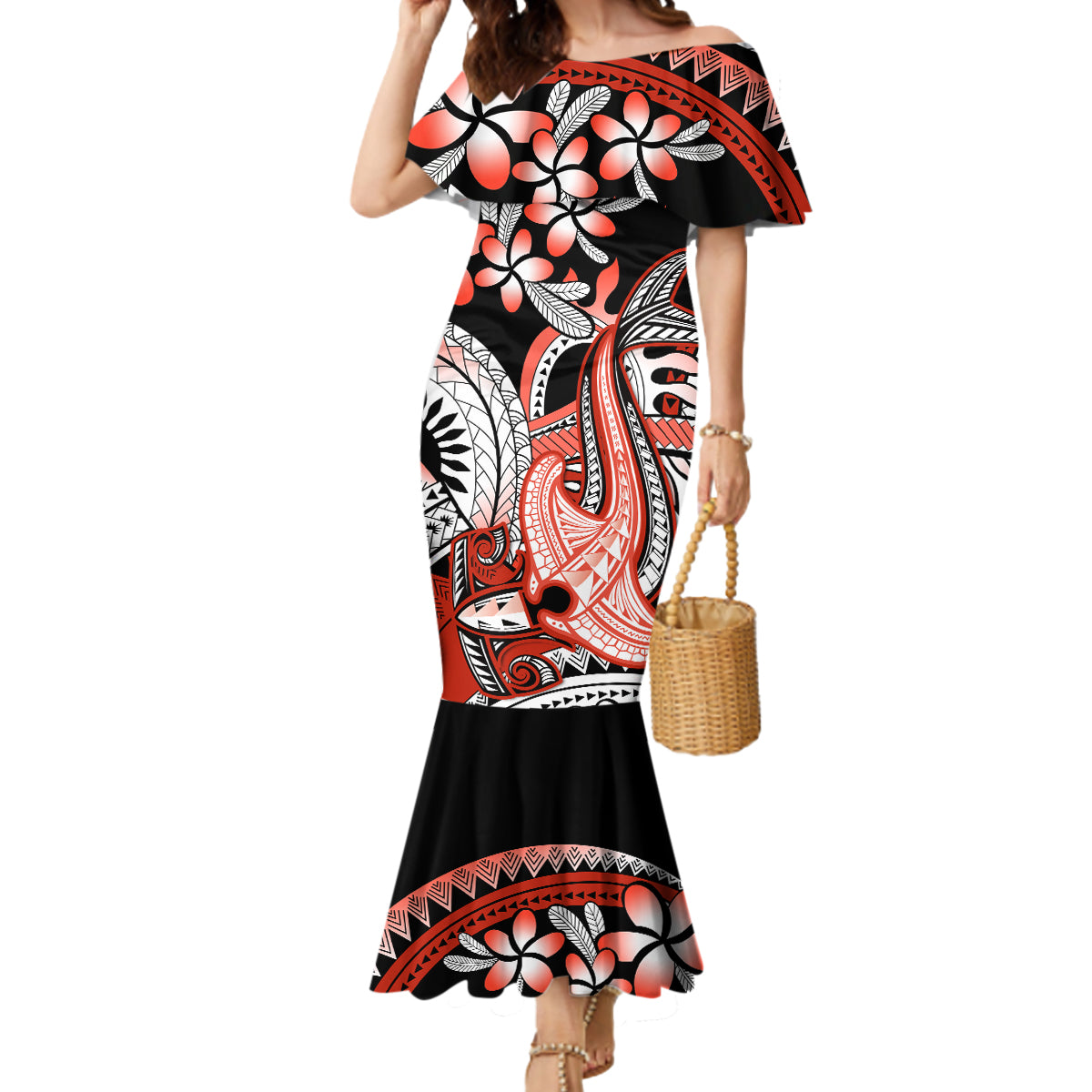 Red Polynesian Mermaid Dress Hammerhead Shark Tattoo Royal Plumeria Gradient Vibes LT14 Women Red - Polynesian Pride