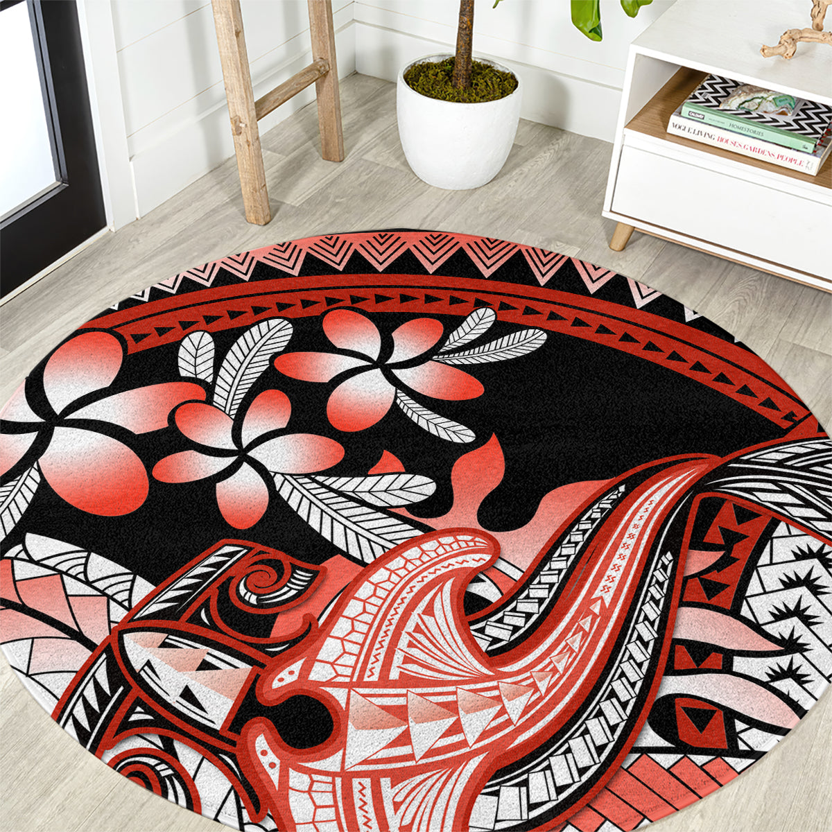 Red Polynesian Round Carpet Hammerhead Shark Tattoo Royal Plumeria Gradient Vibes LT14 Red - Polynesian Pride