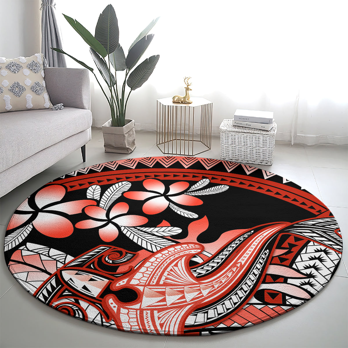 Red Polynesian Round Carpet Hammerhead Shark Tattoo Royal Plumeria Gradient Vibes LT14 - Polynesian Pride