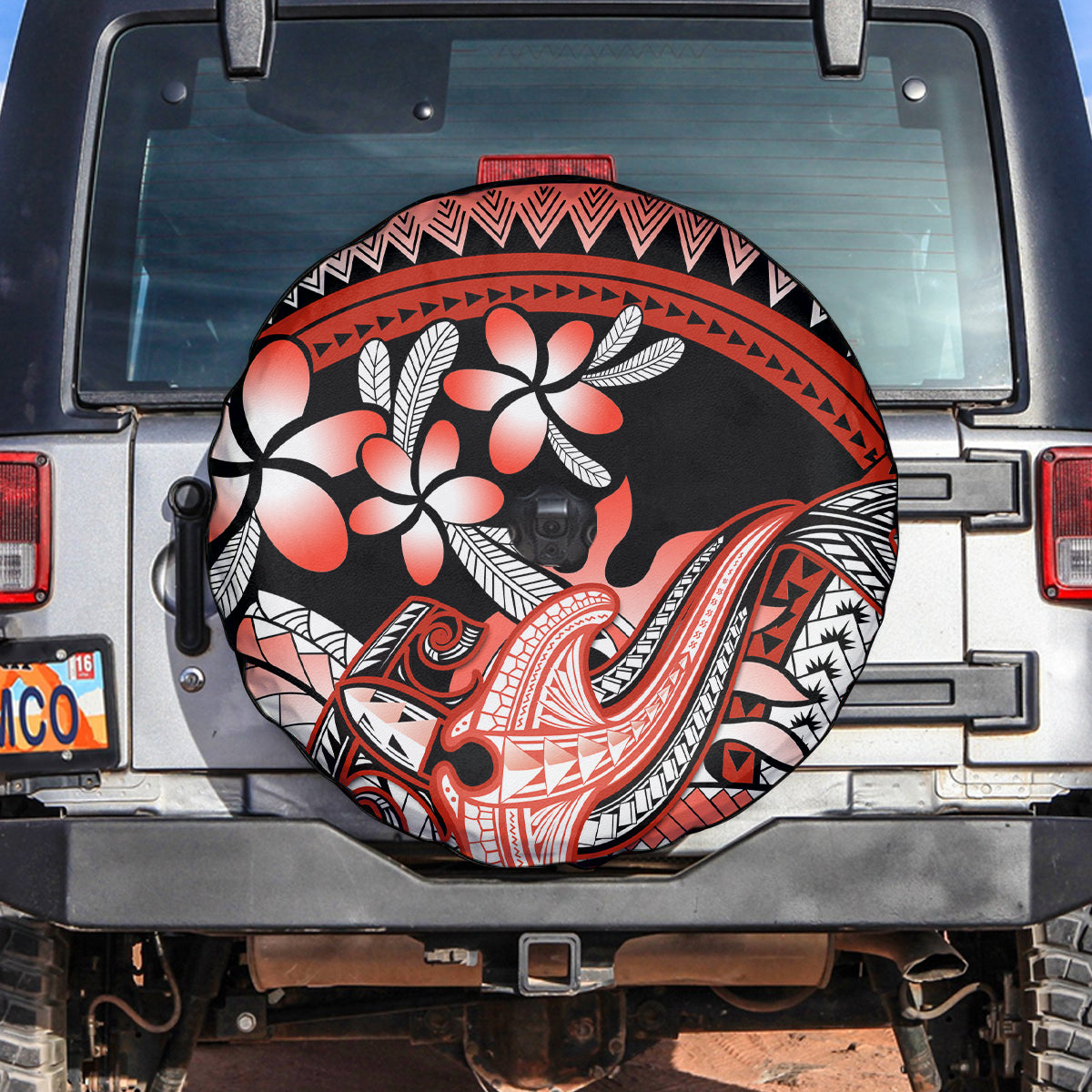 Red Polynesian Spare Tire Cover Hammerhead Shark Tattoo Royal Plumeria Gradient Vibes LT14 Red - Polynesian Pride