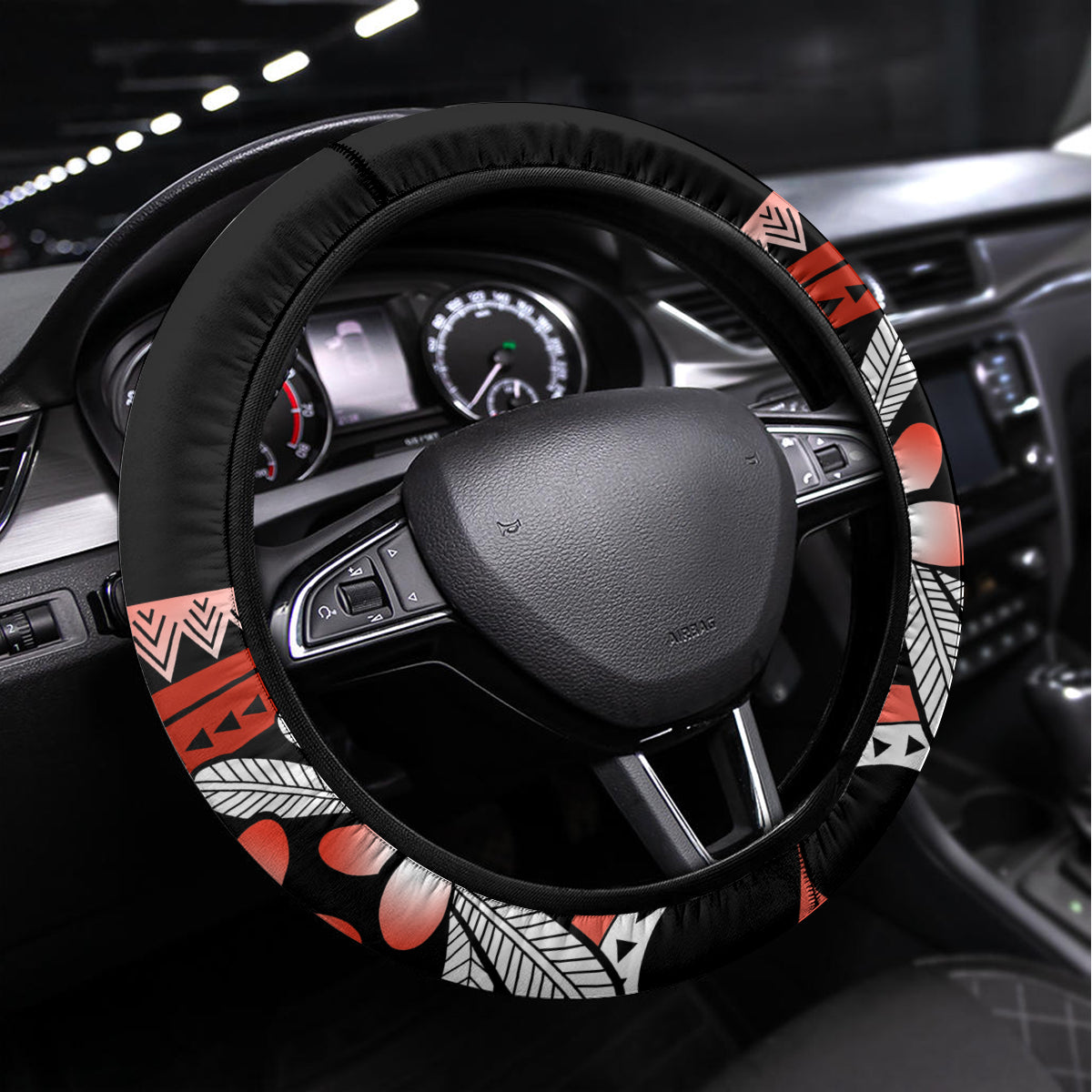 Red Polynesian Steering Wheel Cover Hammerhead Shark Tattoo Royal Plumeria Gradient Vibes LT14 Universal Fit Red - Polynesian Pride