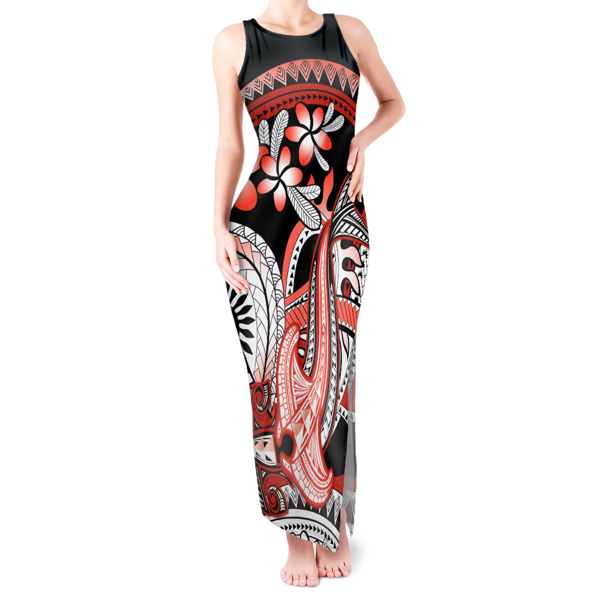 Red Polynesian Tank Maxi Dress Hammerhead Shark Tattoo Royal Plumeria Gradient Vibes LT14 Women Red - Polynesian Pride