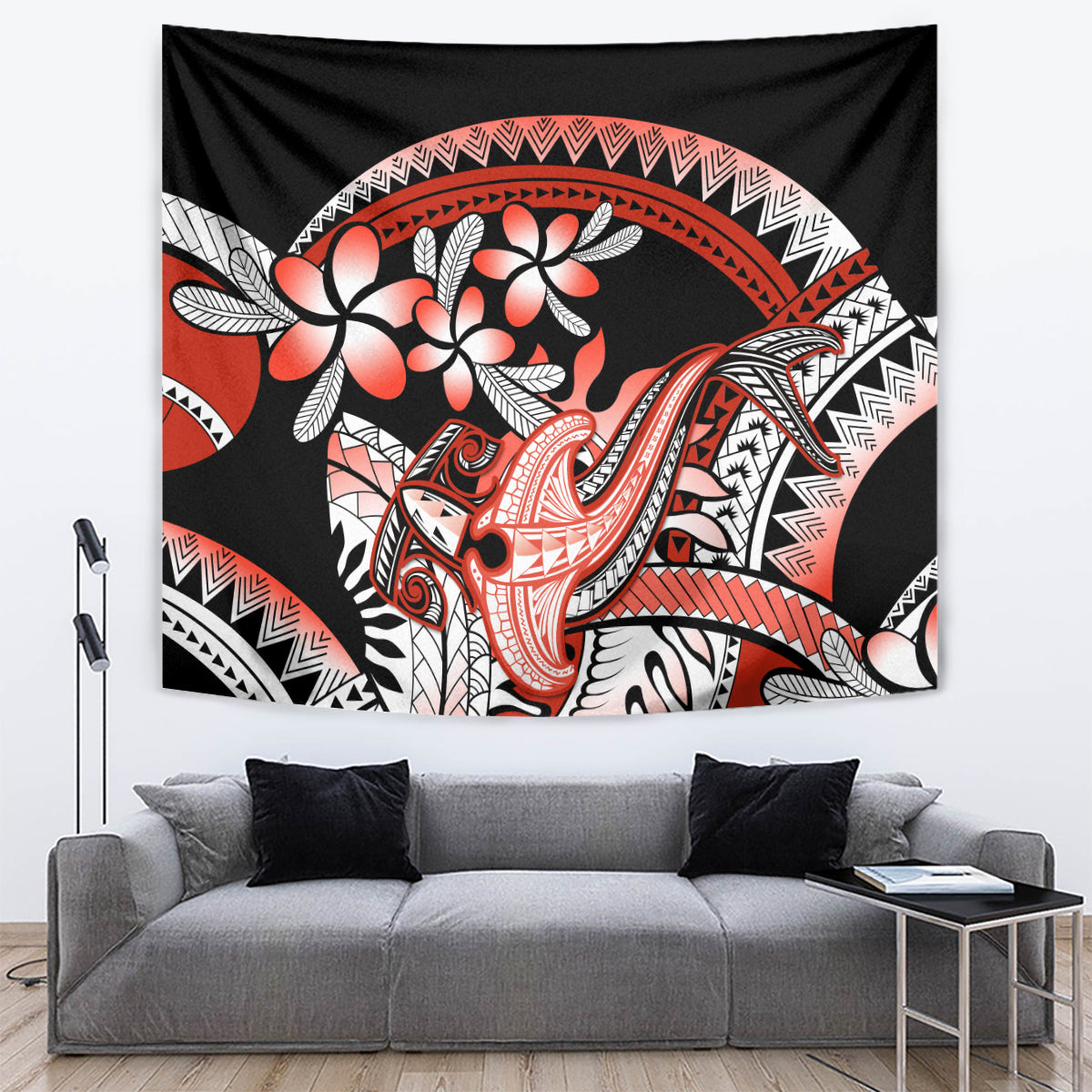 Red Polynesian Tapestry Hammerhead Shark Tattoo Royal Plumeria Gradient Vibes LT14 Red - Polynesian Pride