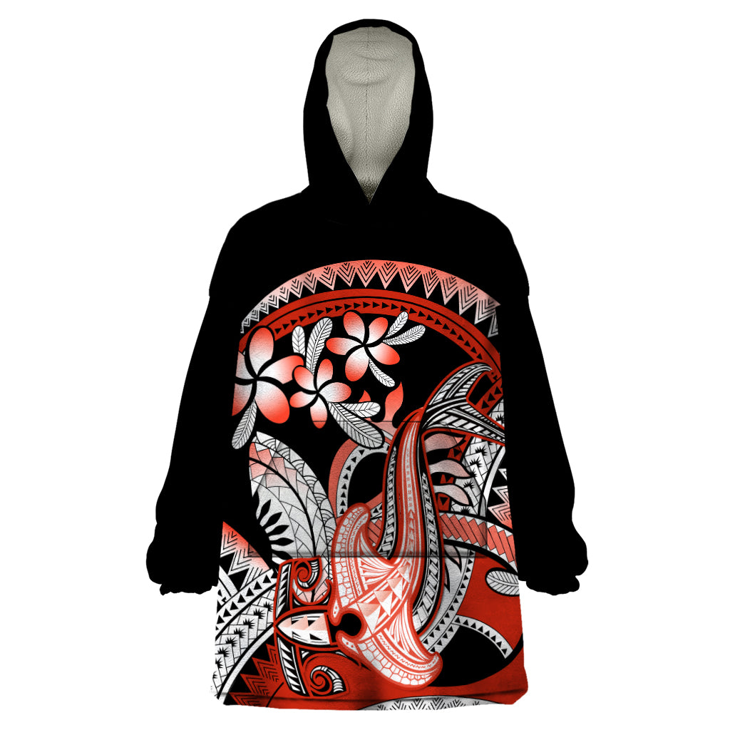 Red Polynesian Wearable Blanket Hoodie Hammerhead Shark Tattoo Royal Plumeria Gradient Vibes LT14 One Size Red - Polynesian Pride