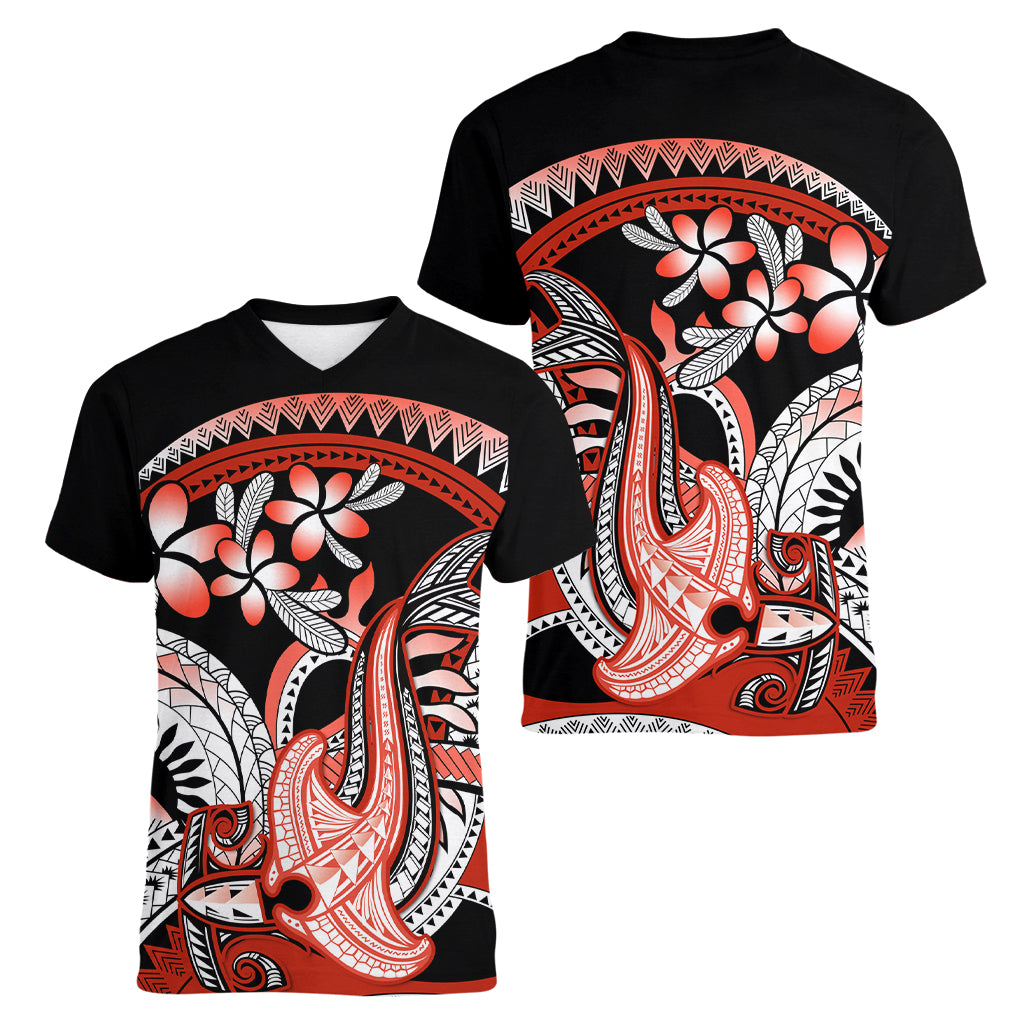 Red Polynesian Women V Neck T Shirt Hammerhead Shark Tattoo Royal Plumeria Gradient Vibes LT14 - Polynesian Pride