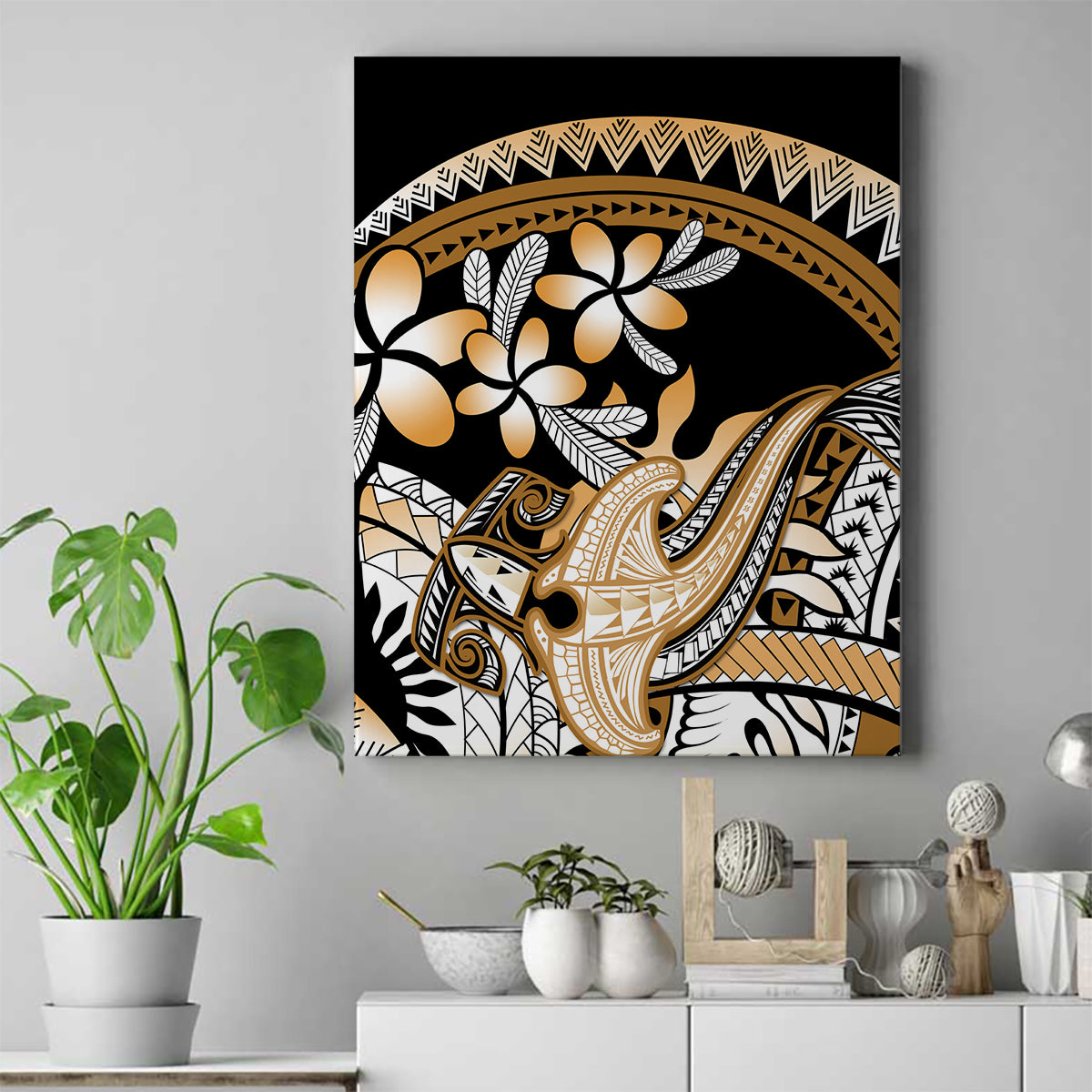 Gold Polynesian Hammerhead Shark Tattoo Canvas Wall Art Royal Plumeria Gradient Vibes LT14 Gold - Polynesian Pride