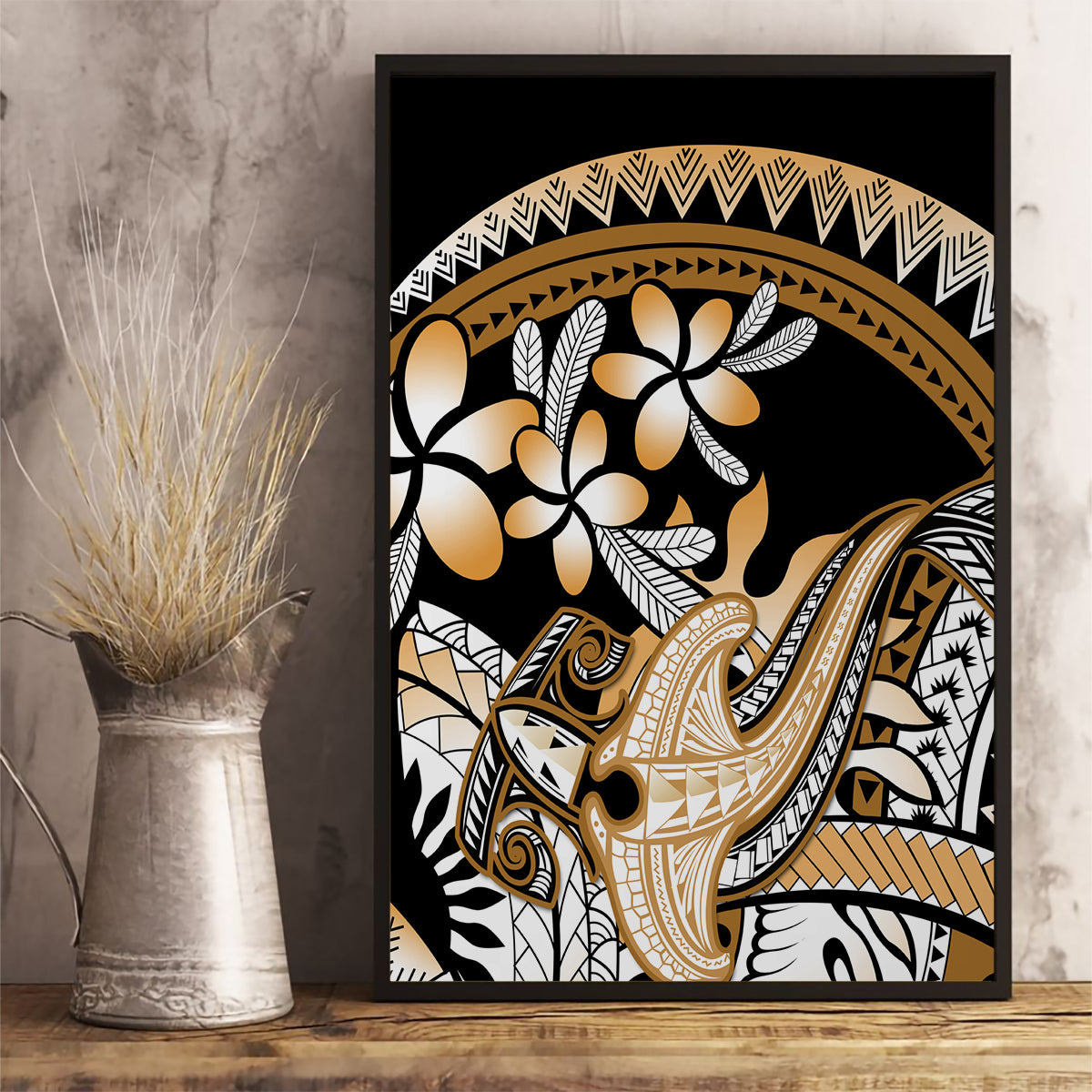 Gold Polynesian Hammerhead Shark Tattoo Canvas Wall Art Royal Plumeria Gradient Vibes LT14 - Polynesian Pride