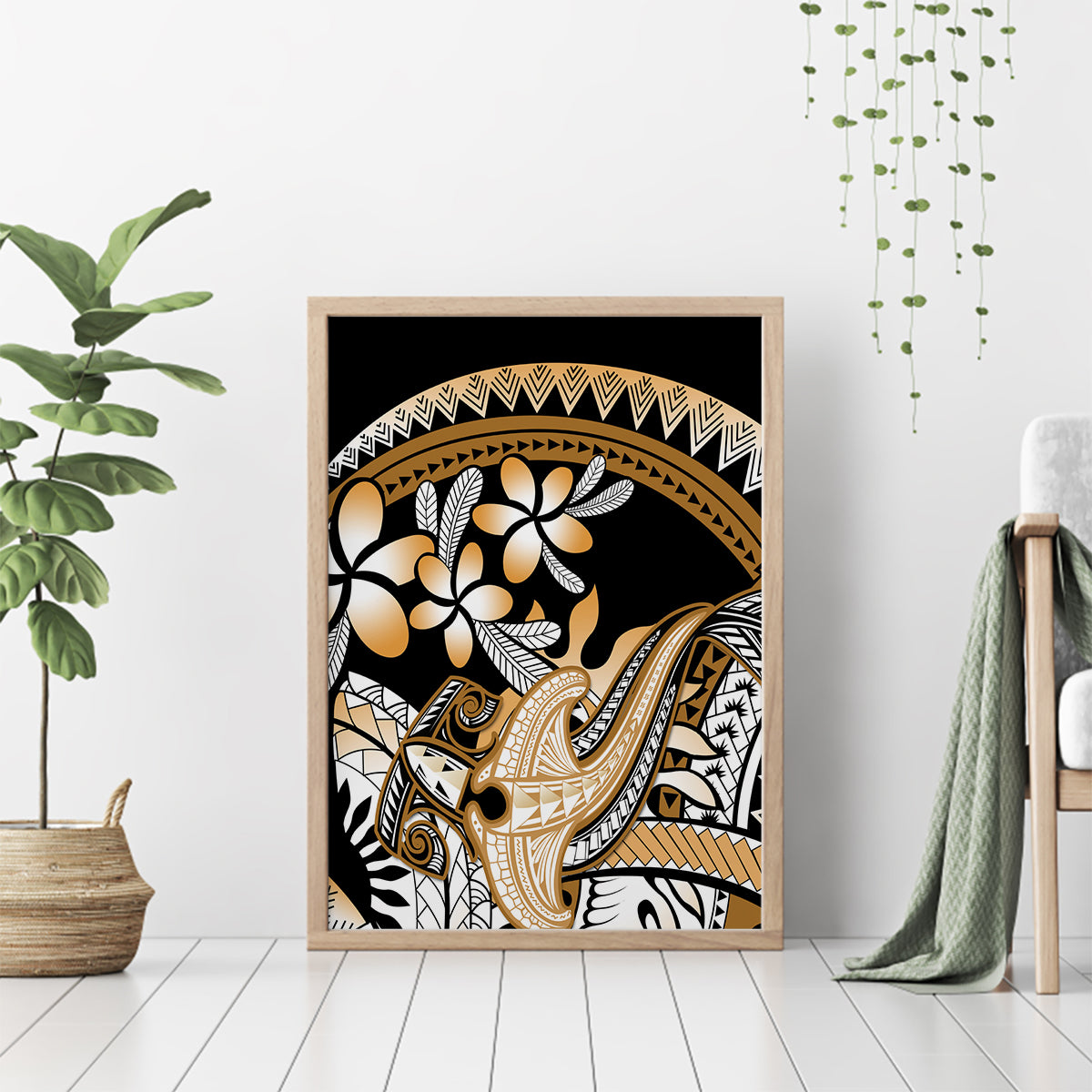 Gold Polynesian Hammerhead Shark Tattoo Canvas Wall Art Royal Plumeria Gradient Vibes LT14 - Polynesian Pride