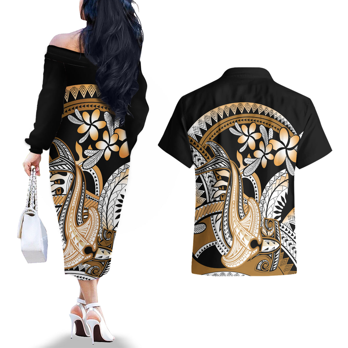 Gold Polynesian Hammerhead Shark Tattoo Couples Matching Off The Shoulder Long Sleeve Dress and Hawaiian Shirt Royal Plumeria Gradient Vibes LT14 - Polynesian Pride