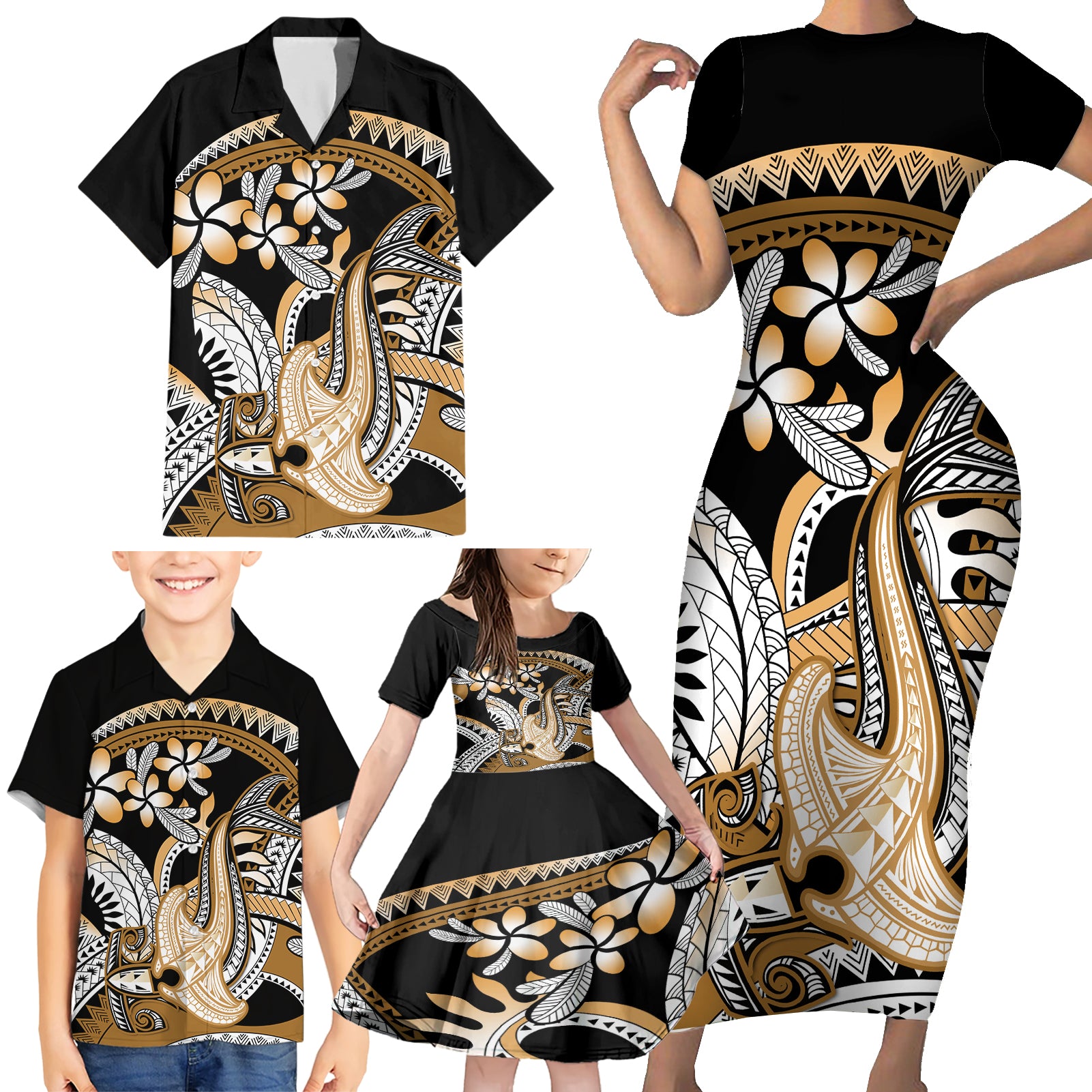 Gold Polynesian Hammerhead Shark Tattoo Family Matching Short Sleeve Bodycon Dress and Hawaiian Shirt Royal Plumeria Gradient Vibes LT14 - Polynesian Pride