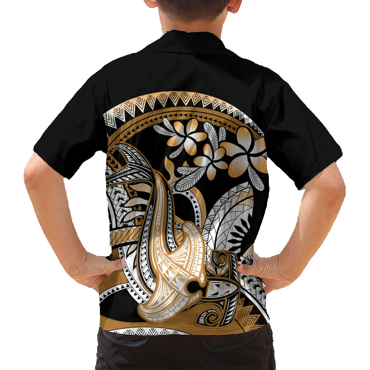 Gold Polynesian Hammerhead Shark Tattoo Family Matching Summer Maxi Dress and Hawaiian Shirt Royal Plumeria Gradient Vibes LT14 - Polynesian Pride