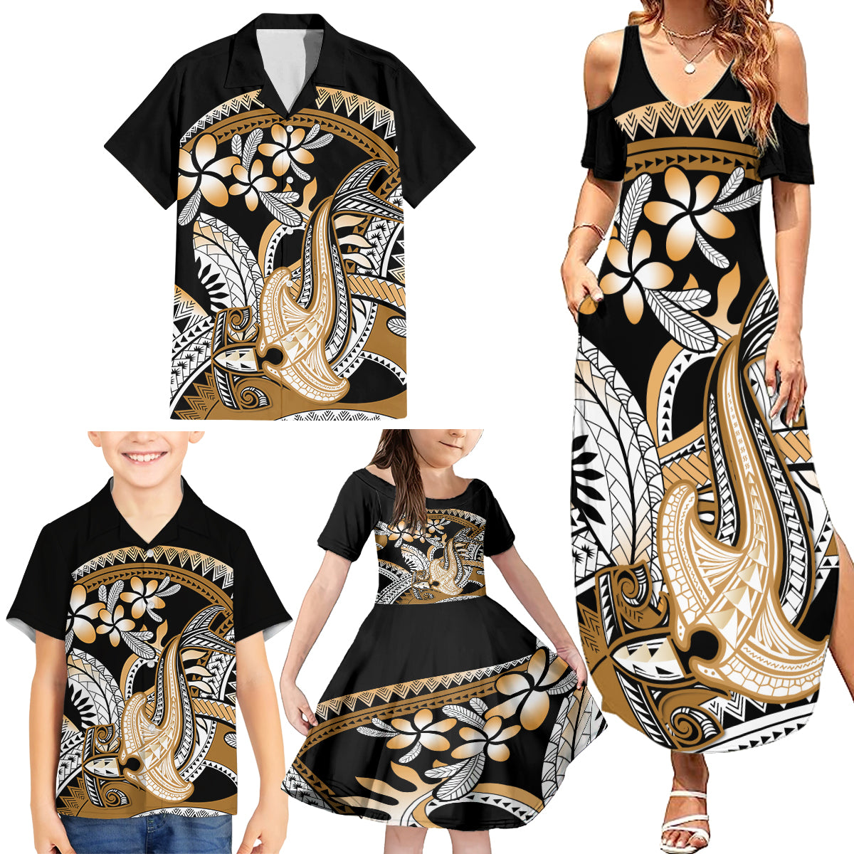 Gold Polynesian Hammerhead Shark Tattoo Family Matching Summer Maxi Dress and Hawaiian Shirt Royal Plumeria Gradient Vibes LT14 - Polynesian Pride