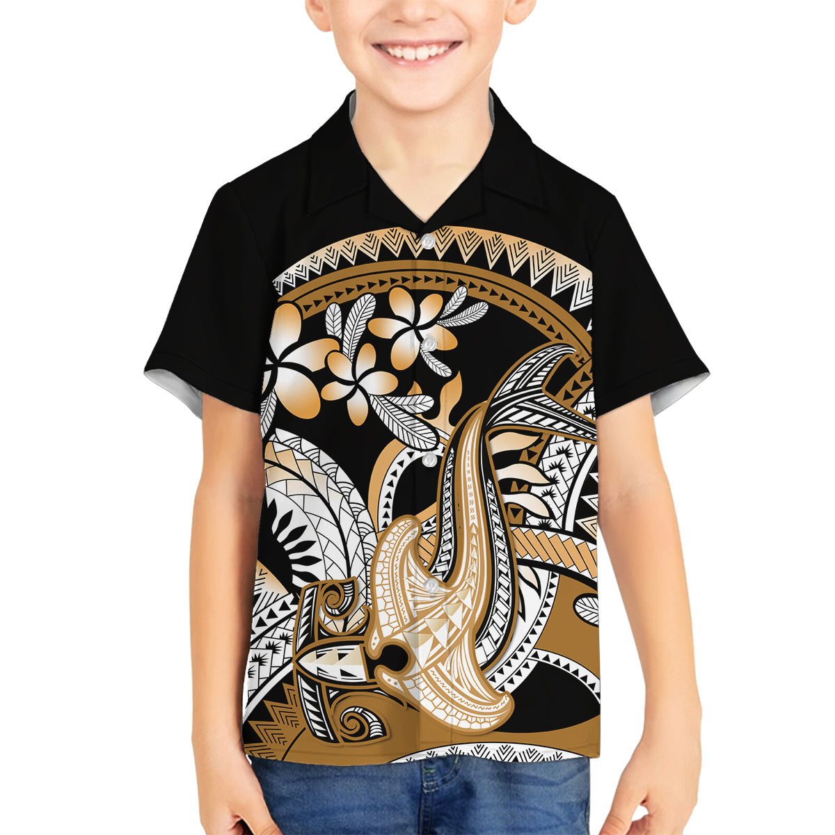 Gold Polynesian Hammerhead Shark Tattoo Family Matching Tank Maxi Dress and Hawaiian Shirt Royal Plumeria Gradient Vibes LT14 Son's Shirt Gold - Polynesian Pride
