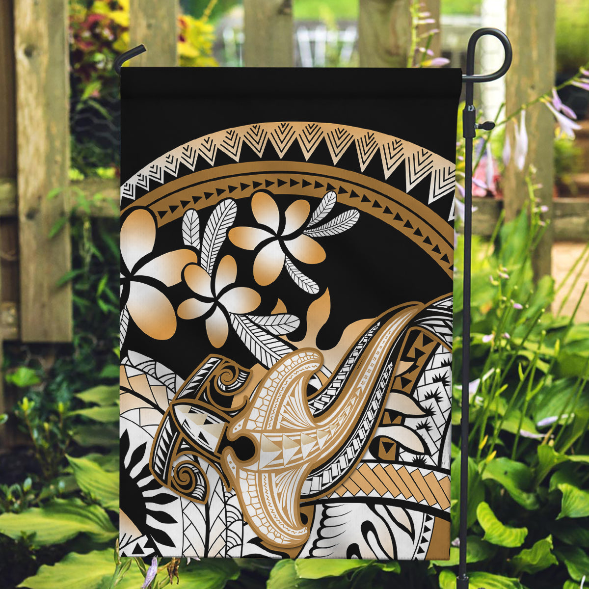 Gold Polynesian Hammerhead Shark Tattoo Garden Flag Royal Plumeria Gradient Vibes LT14 Garden Flag Gold - Polynesian Pride