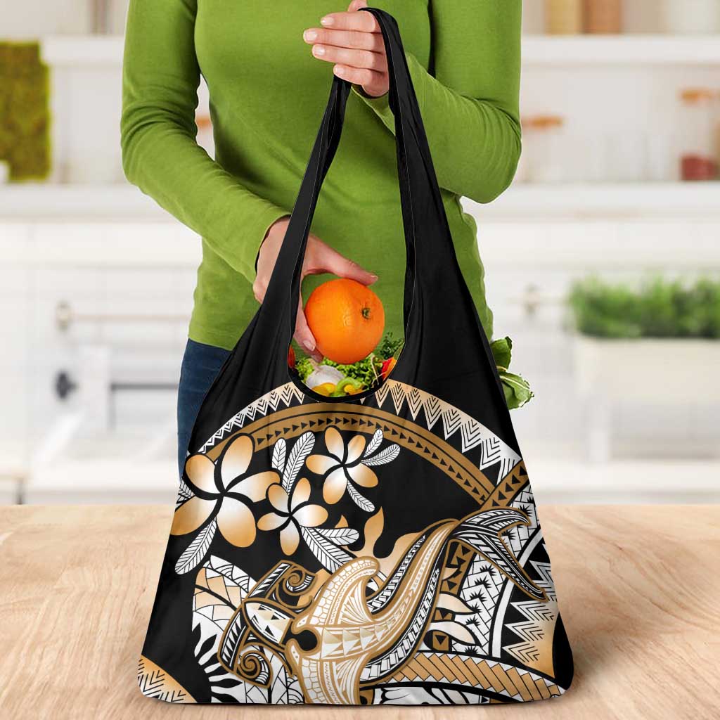 Gold Polynesian Hammerhead Shark Tattoo Grocery Bag Royal Plumeria Gradient Vibes LT14 - Polynesian Pride