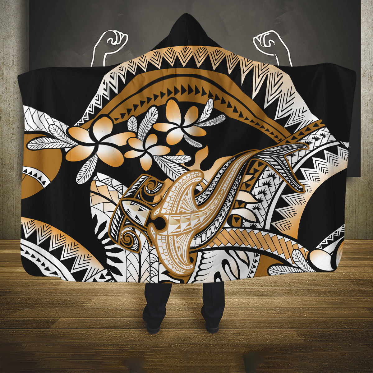 Gold Polynesian Hammerhead Shark Tattoo Hooded Blanket Royal Plumeria Gradient Vibes LT14 One Size Gold - Polynesian Pride