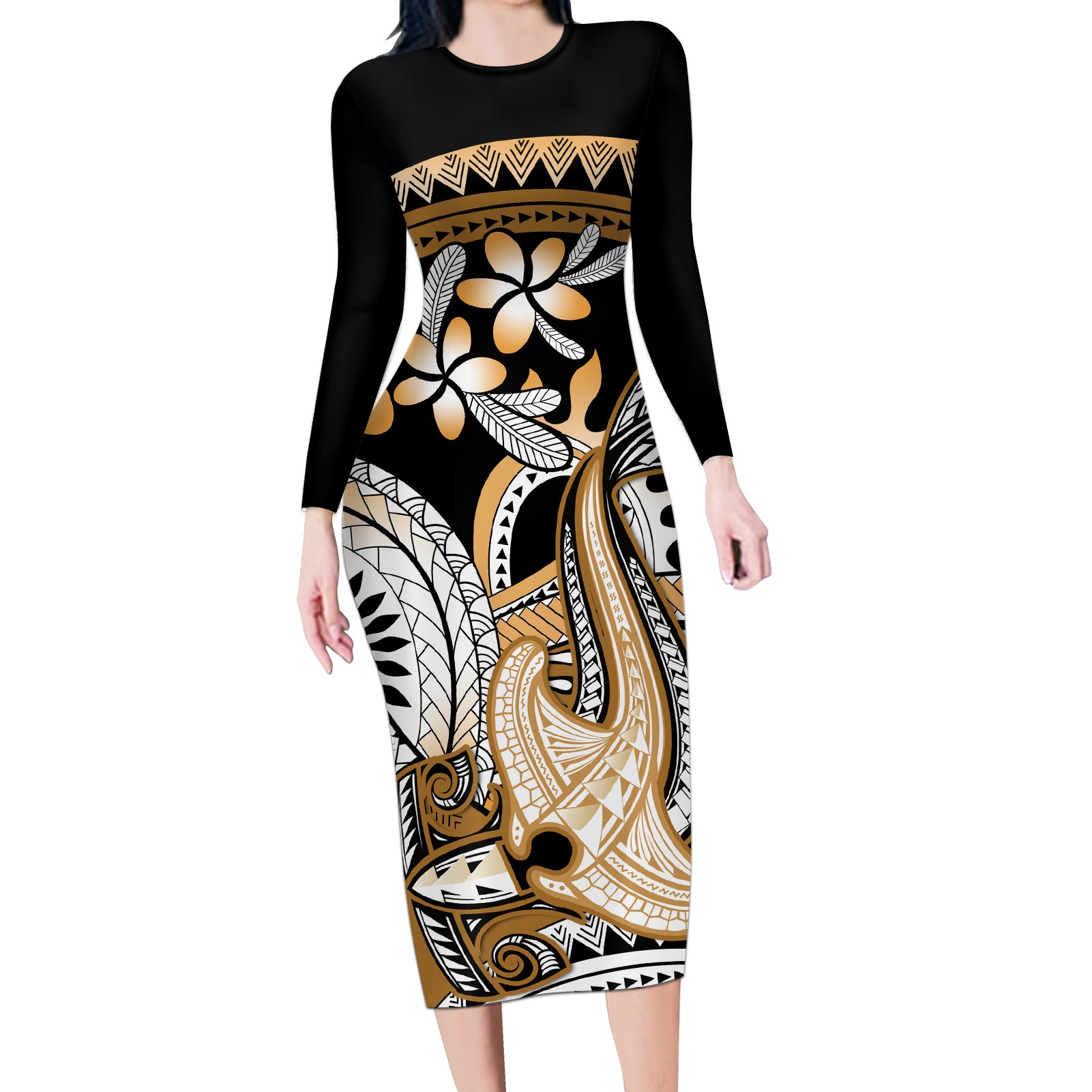 Gold Polynesian Hammerhead Shark Tattoo Long Sleeve Bodycon Dress Royal Plumeria Gradient Vibes LT14 Long Dress Gold - Polynesian Pride