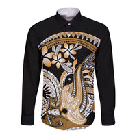 Gold Polynesian Hammerhead Shark Tattoo Long Sleeve Button Shirt Royal Plumeria Gradient Vibes LT14 Unisex Gold - Polynesian Pride
