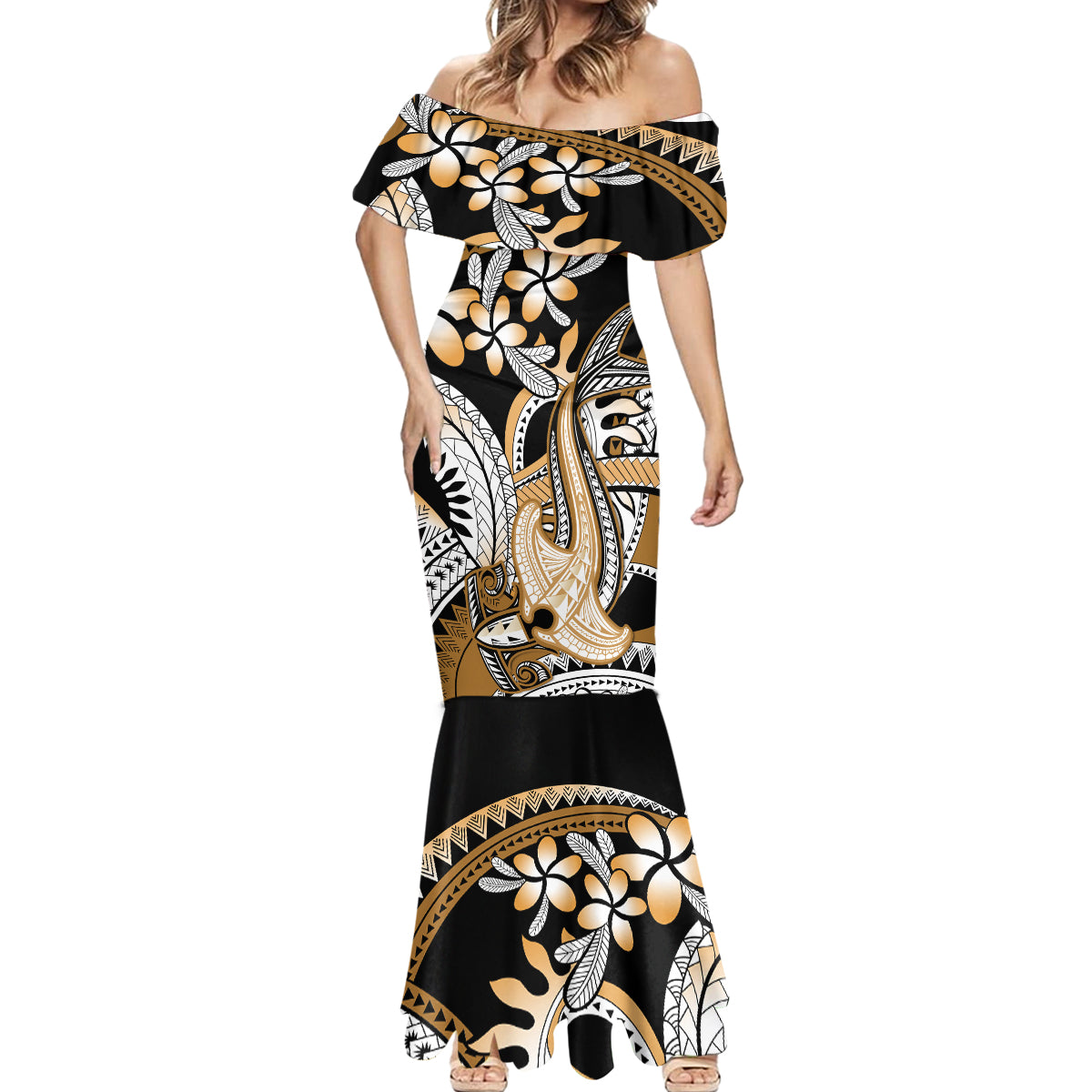 Gold Polynesian Hammerhead Shark Tattoo Mermaid Dress Royal Plumeria Gradient Vibes LT14 - Polynesian Pride
