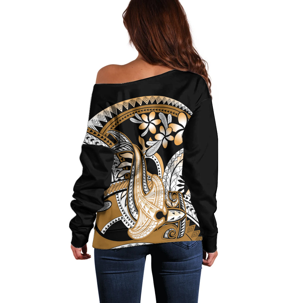 Gold Polynesian Hammerhead Shark Tattoo Off Shoulder Sweater Royal Plumeria Gradient Vibes LT14 - Polynesian Pride