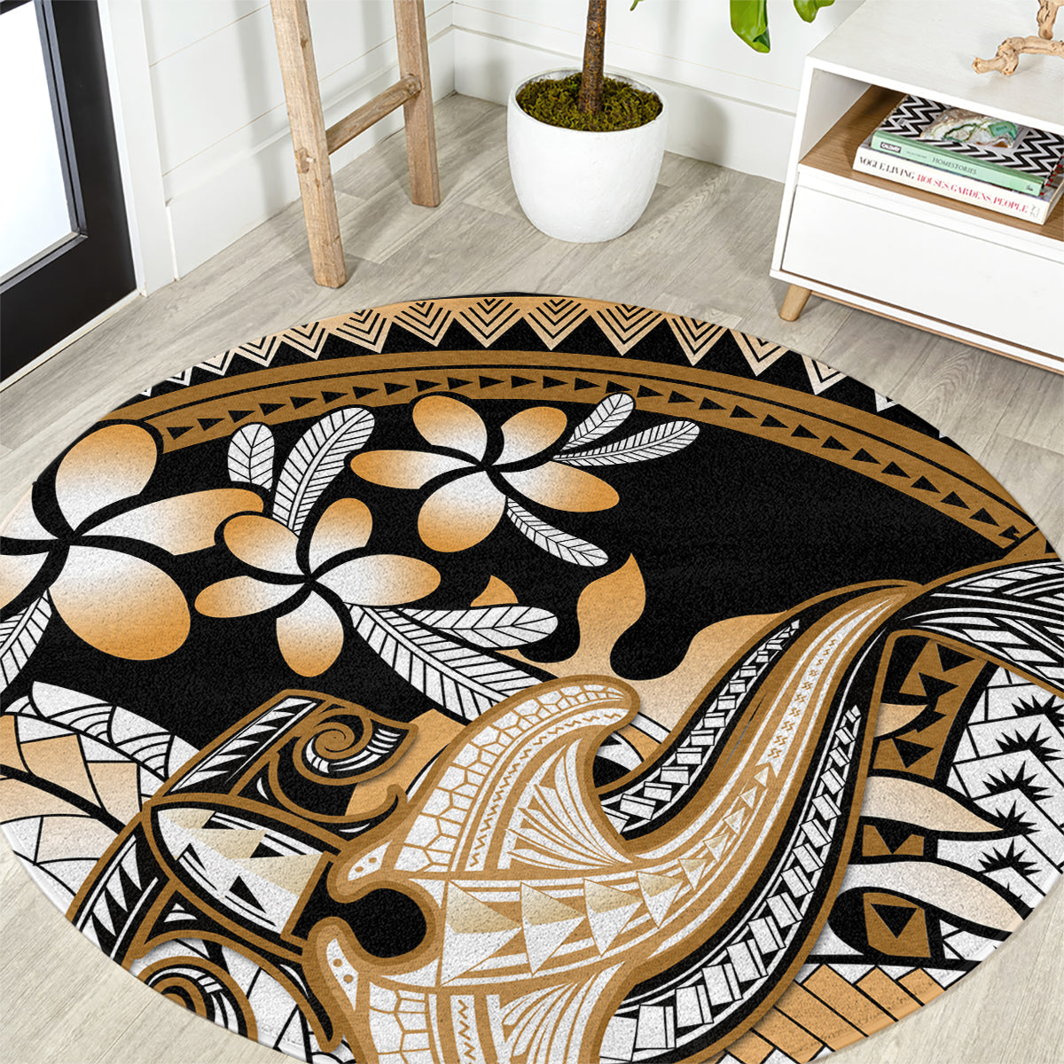 Gold Polynesian Hammerhead Shark Tattoo Round Carpet Royal Plumeria Gradient Vibes LT14 Gold - Polynesian Pride