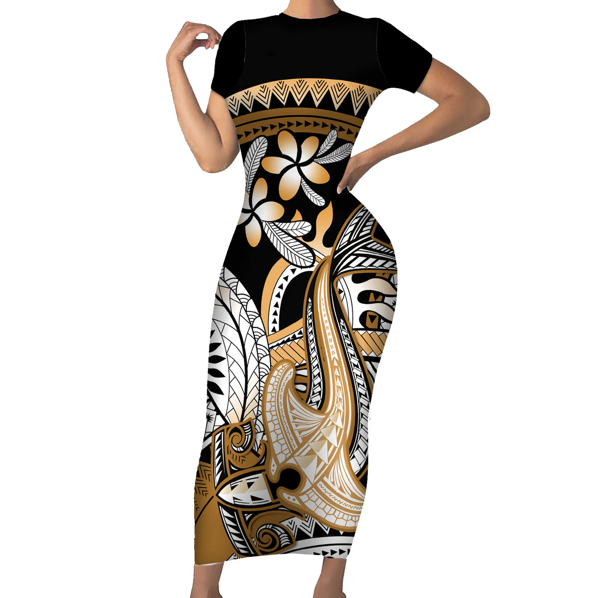Gold Polynesian Hammerhead Shark Tattoo Short Sleeve Bodycon Dress Royal Plumeria Gradient Vibes LT14 Long Dress Gold - Polynesian Pride