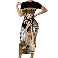 Gold Polynesian Hammerhead Shark Tattoo Short Sleeve Bodycon Dress Royal Plumeria Gradient Vibes LT14 Long Dress Gold - Polynesian Pride