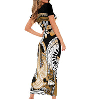 Gold Polynesian Hammerhead Shark Tattoo Short Sleeve Bodycon Dress Royal Plumeria Gradient Vibes LT14 - Polynesian Pride