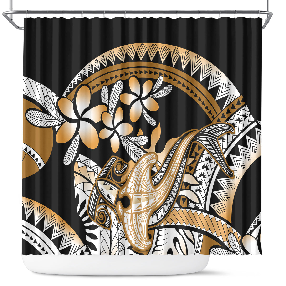 Gold Polynesian Hammerhead Shark Tattoo Shower Curtain Royal Plumeria Gradient Vibes LT14 Gold - Polynesian Pride