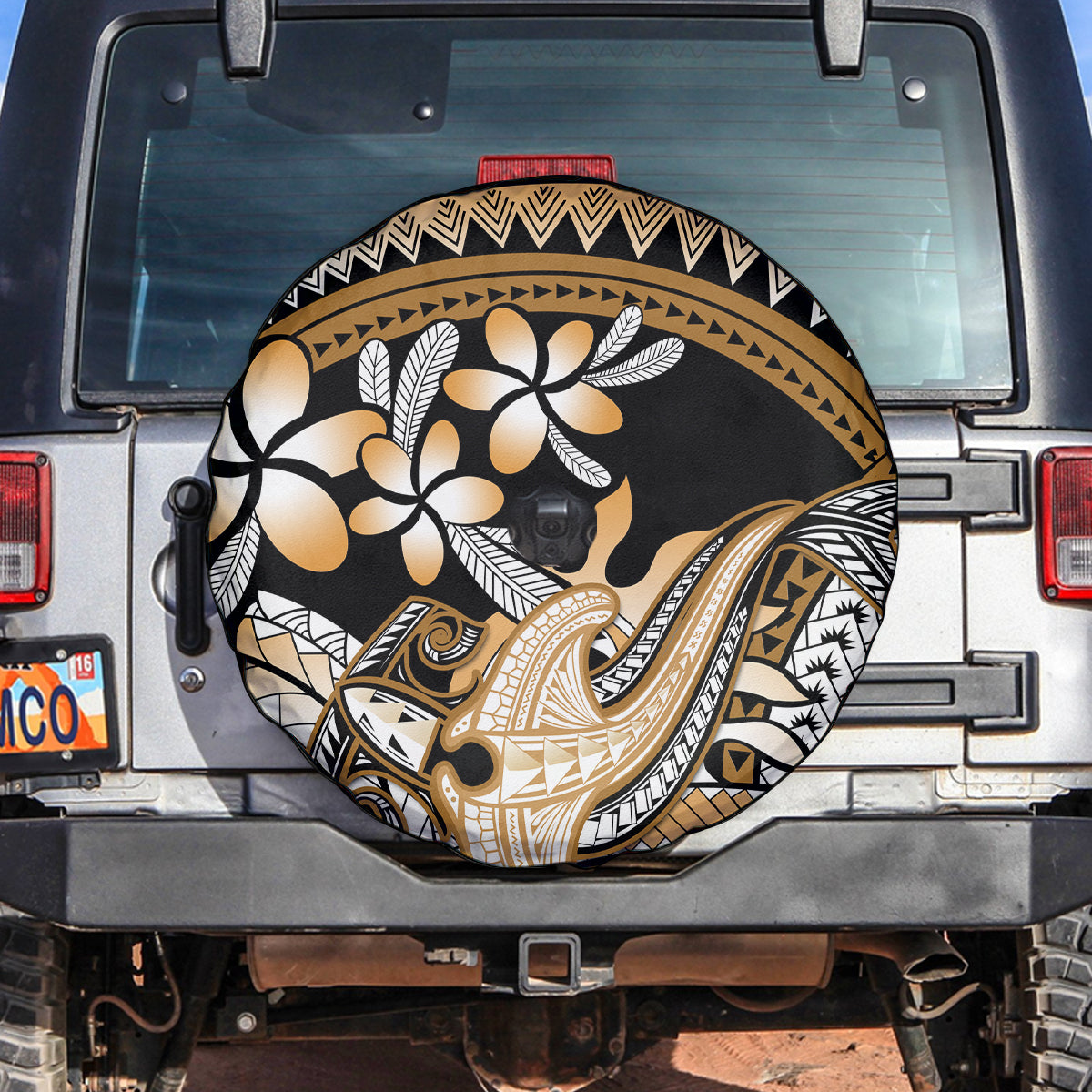 Gold Polynesian Hammerhead Shark Tattoo Spare Tire Cover Royal Plumeria Gradient Vibes LT14 Gold - Polynesian Pride