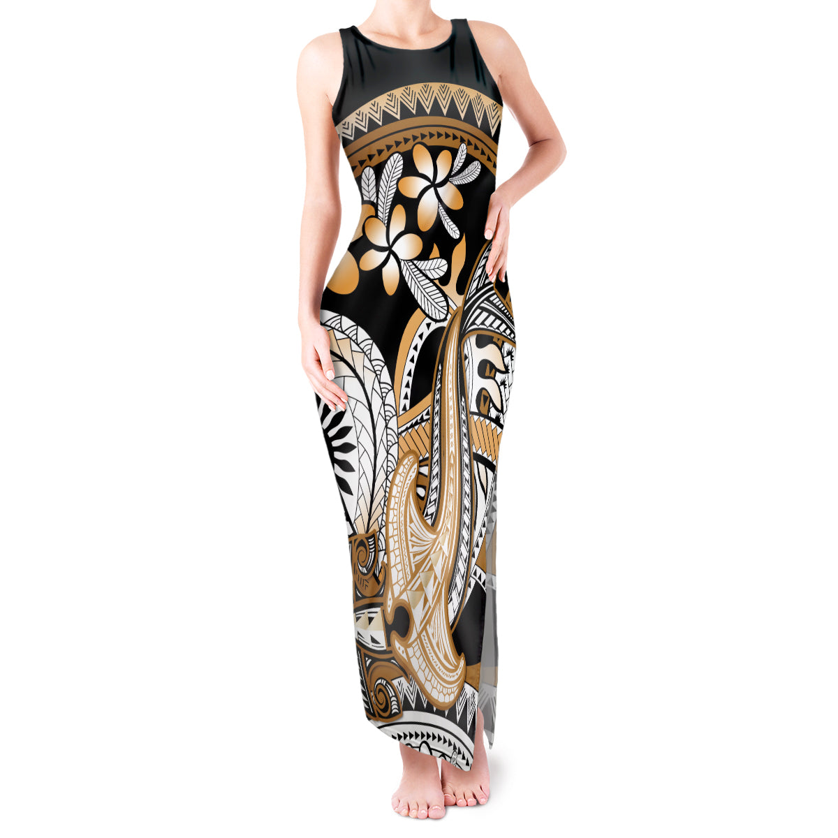 Gold Polynesian Hammerhead Shark Tattoo Tank Maxi Dress Royal Plumeria Gradient Vibes LT14 Women Gold - Polynesian Pride