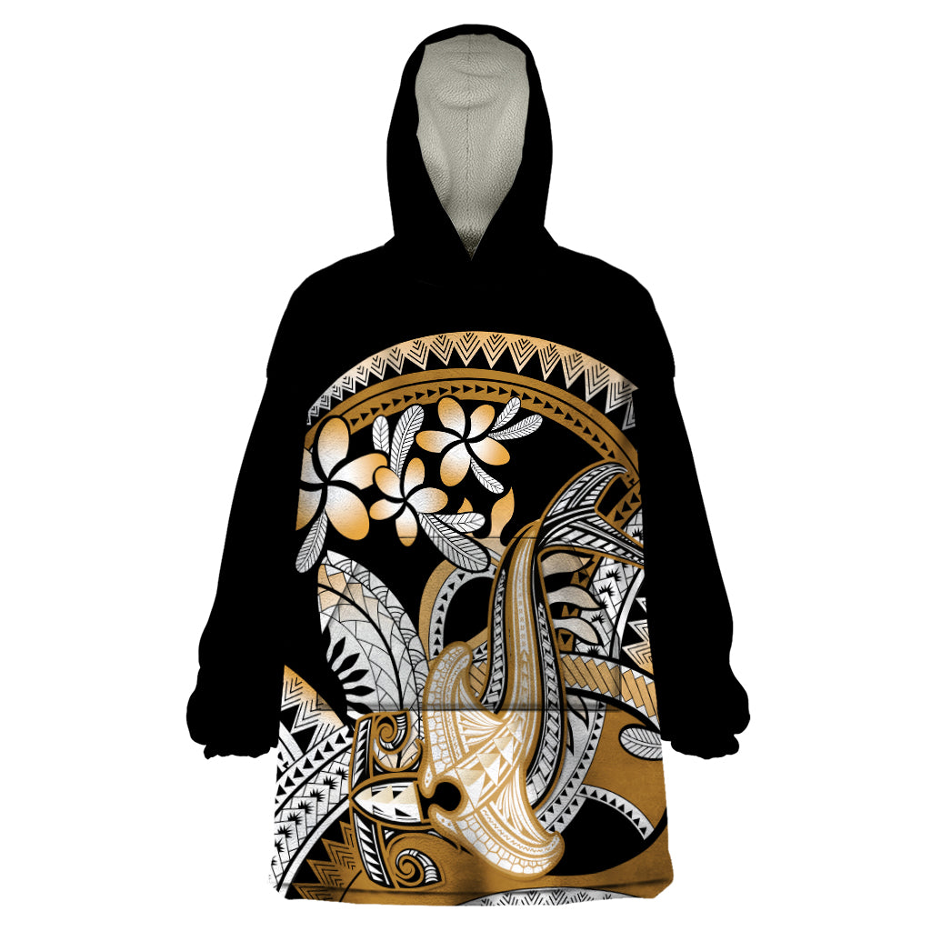 Gold Polynesian Hammerhead Shark Tattoo Wearable Blanket Hoodie Royal Plumeria Gradient Vibes LT14 One Size Gold - Polynesian Pride