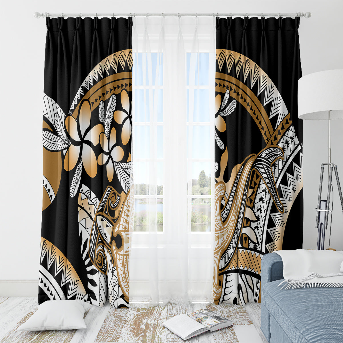 Gold Polynesian Hammerhead Shark Tattoo Window Curtain Royal Plumeria Gradient Vibes LT14 - Polynesian Pride