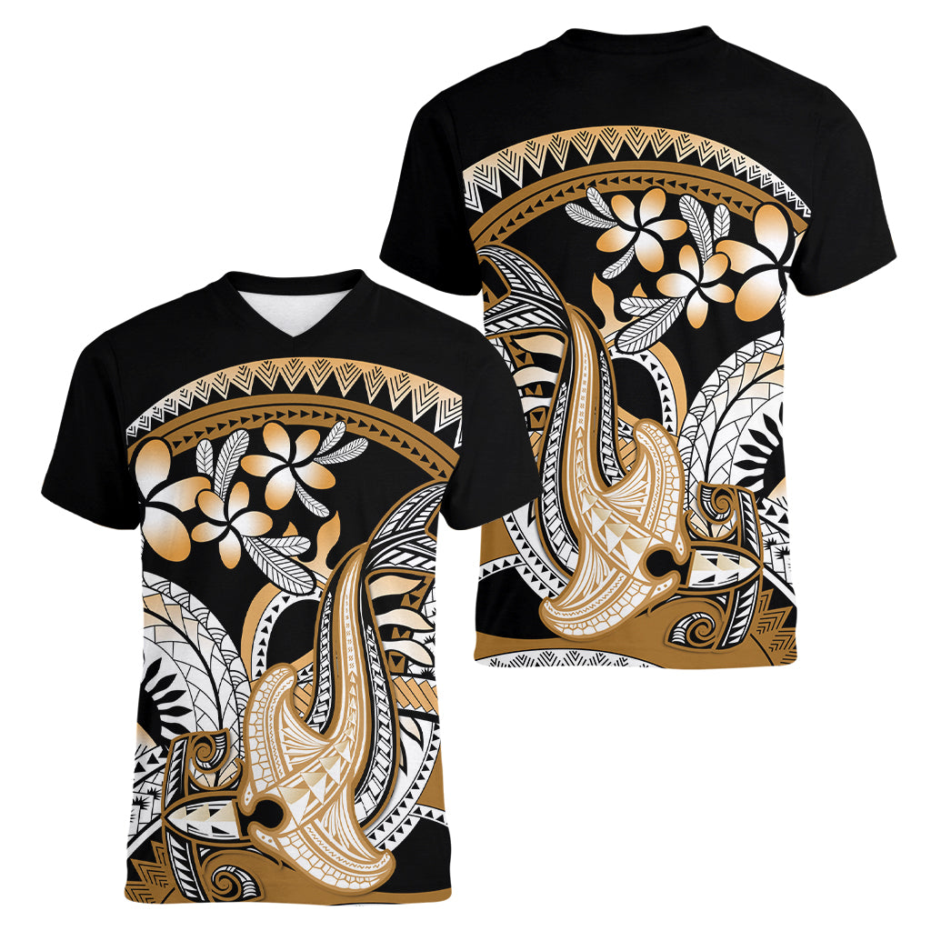Gold Polynesian Hammerhead Shark Tattoo Women V Neck T Shirt Royal Plumeria Gradient Vibes LT14 - Polynesian Pride
