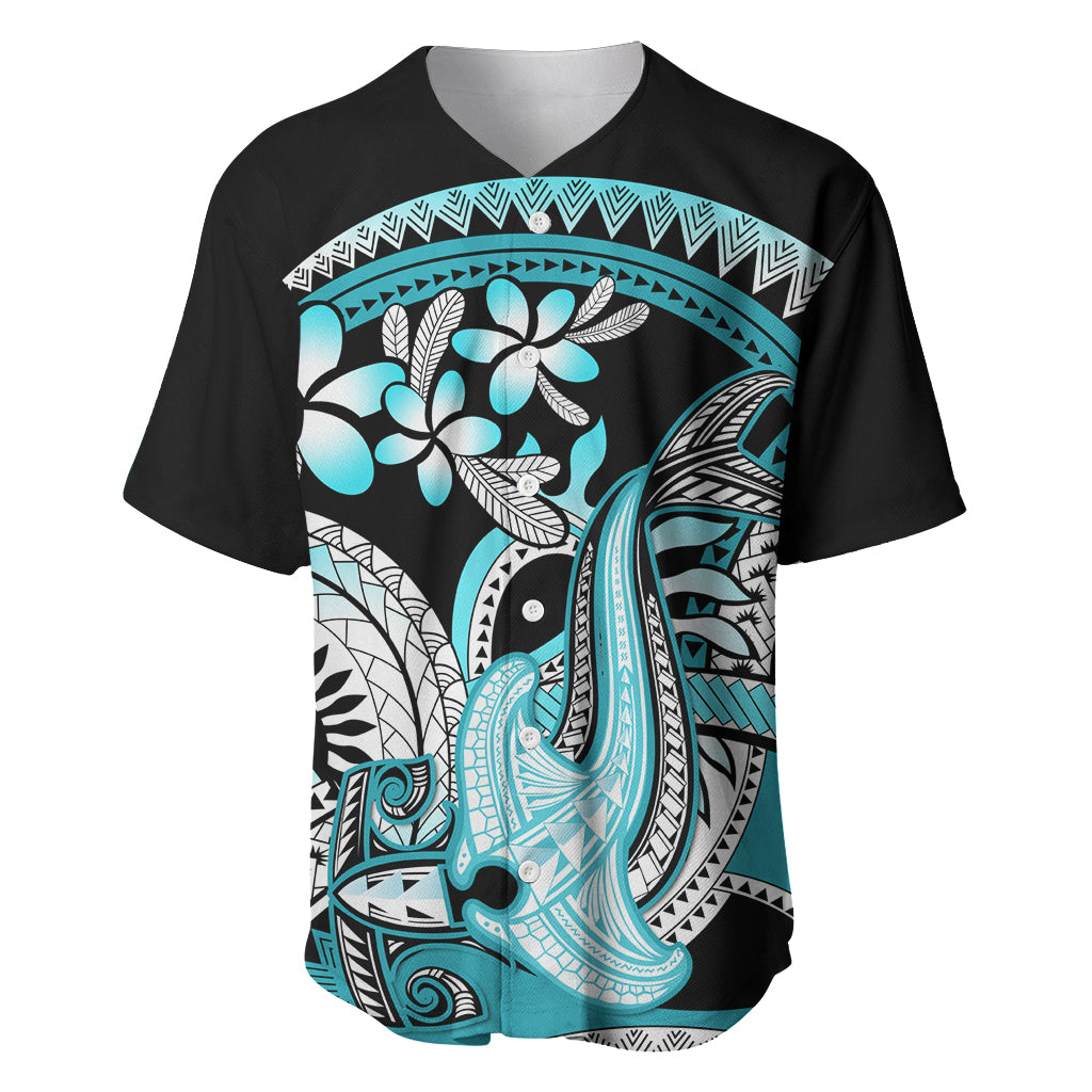 Turquoise Polynesian Hammerhead Shark Tattoo Baseball Jersey Royal Plumeria Gradient Vibes LT14 Turquoise - Polynesian Pride