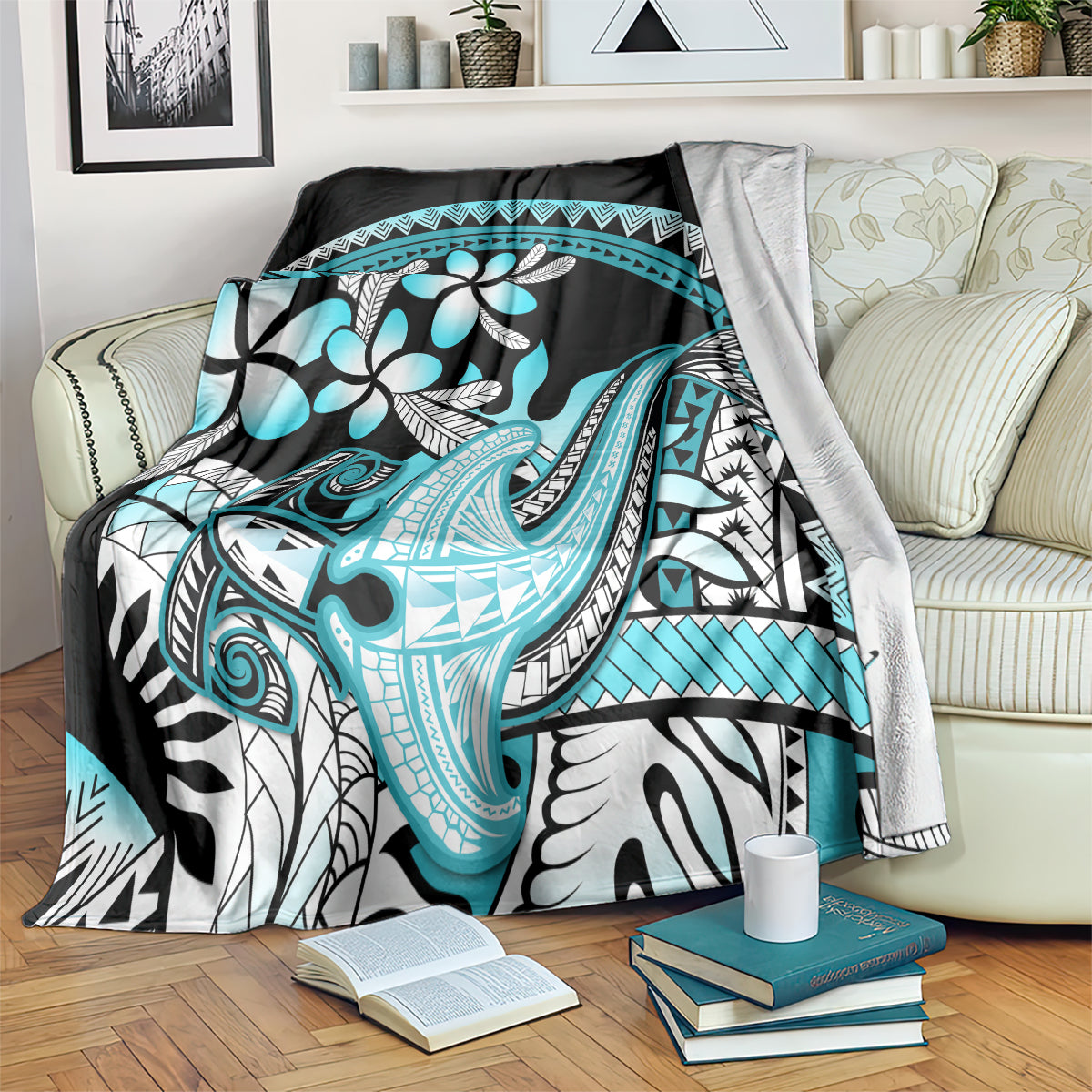 Turquoise Polynesian Hammerhead Shark Tattoo Blanket Royal Plumeria Gradient Vibes LT14 Turquoise - Polynesian Pride