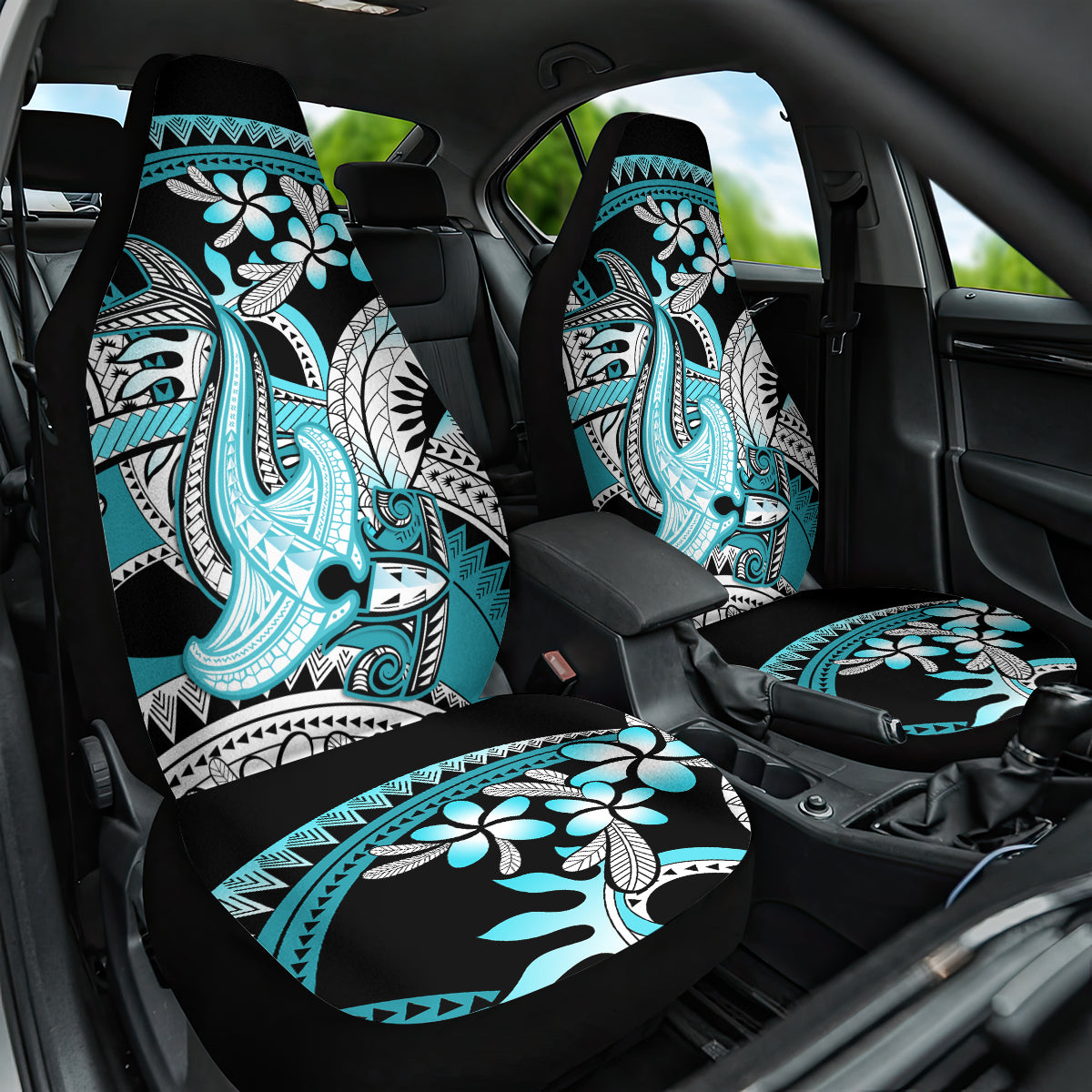 Turquoise Polynesian Hammerhead Shark Tattoo Car Seat Cover Royal Plumeria Gradient Vibes LT14 One Size Turquoise - Polynesian Pride