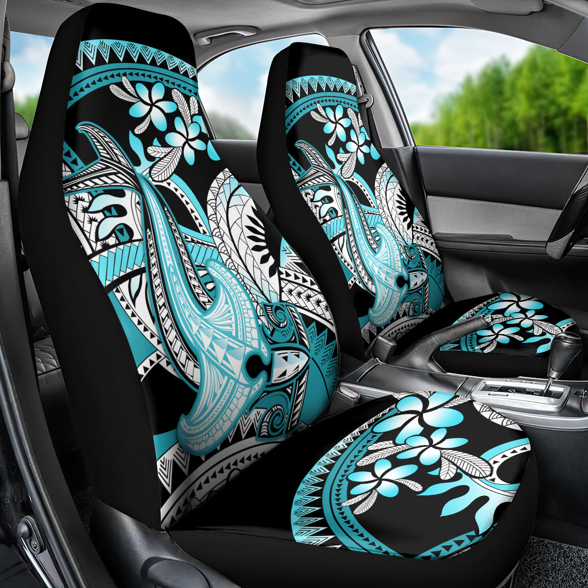 Turquoise Polynesian Hammerhead Shark Tattoo Car Seat Cover Royal Plumeria Gradient Vibes LT14 - Polynesian Pride
