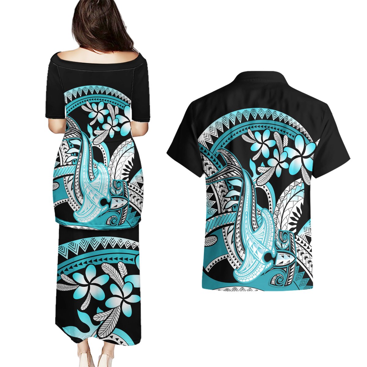 Turquoise Polynesian Hammerhead Shark Tattoo Couples Matching Puletasi and Hawaiian Shirt Royal Plumeria Gradient Vibes LT14 - Polynesian Pride