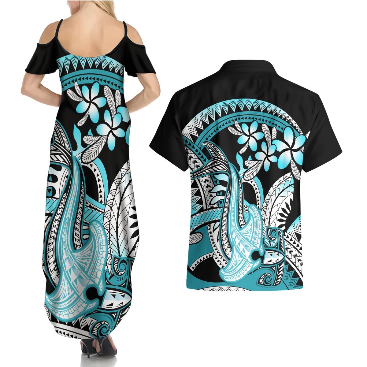 Turquoise Polynesian Hammerhead Shark Tattoo Couples Matching Summer Maxi Dress and Hawaiian Shirt Royal Plumeria Gradient Vibes LT14 - Polynesian Pride