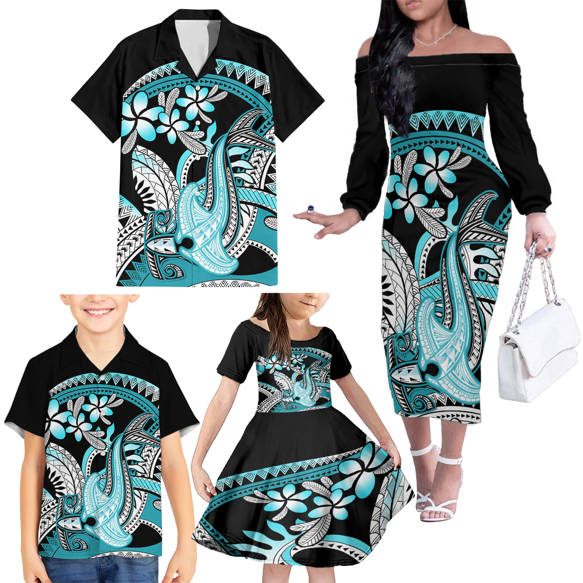 Turquoise Polynesian Hammerhead Shark Tattoo Family Matching Off Shoulder Long Sleeve Dress and Hawaiian Shirt Royal Plumeria Gradient Vibes LT14 - Polynesian Pride