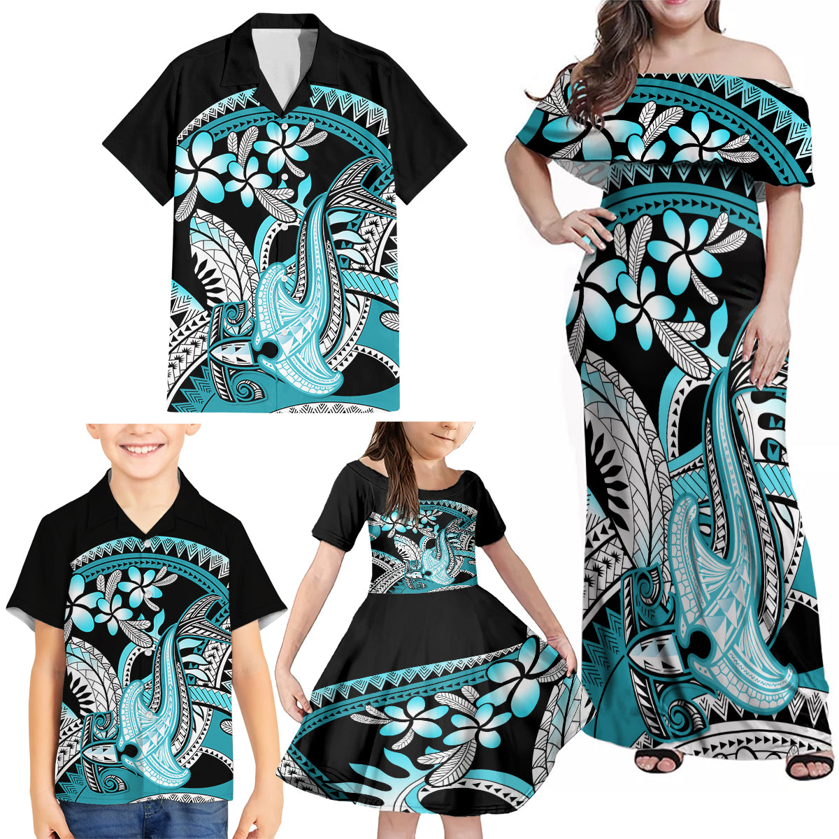 Turquoise Polynesian Hammerhead Shark Tattoo Family Matching Off Shoulder Maxi Dress and Hawaiian Shirt Royal Plumeria Gradient Vibes LT14 - Polynesian Pride