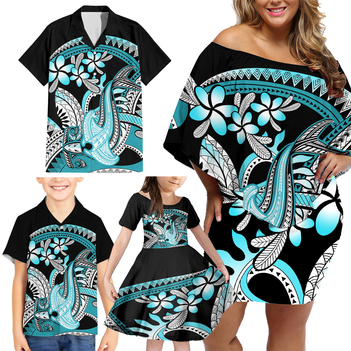 Turquoise Polynesian Hammerhead Shark Tattoo Family Matching Off Shoulder Short Dress and Hawaiian Shirt Royal Plumeria Gradient Vibes LT14 - Polynesian Pride